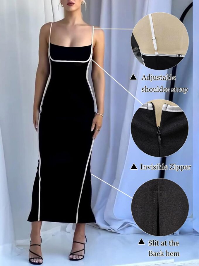 Women's Spaghetti Strap Sleeveless Long Bodycon Square Neck Dress Back Slit Maxi Dresses – Bild 6
