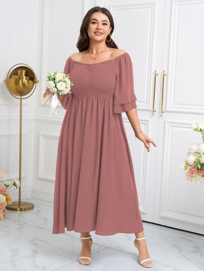 SCOMCHIC Womens Plus Size Maxi Dresses Smocked Square Neck Short Sleeve Wedding Guest Formal Flowy A-Line Long Dress – Bild 5