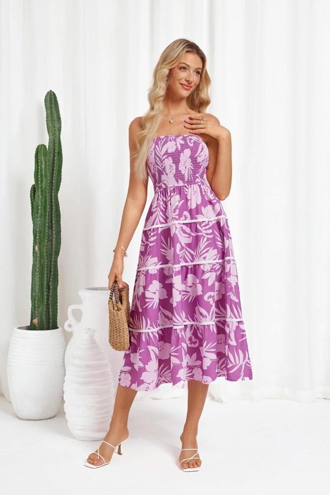 GRACE KARIN 2025 Women's Summer Floral Dress Strapless Smocked Tube Dress Boho Beach A-Line Midi Dresses with Pockets – Bild 7