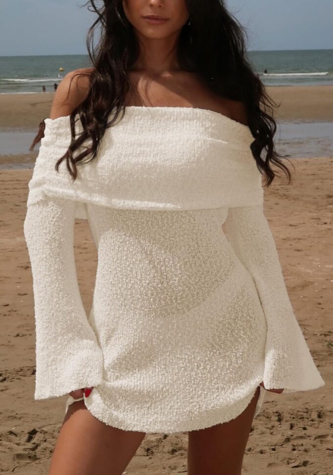 Unybwonn Women's Off Shoulder Mini Short Dress Bodycon Long Sleeve Crochet Sexy Going Out Mesh Elegant Sweater Dresses – Bild 2