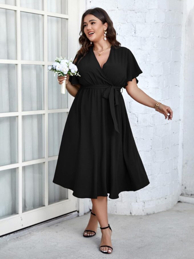 SCOMCHIC Womens Plus Size Wedding Guest Cocktail Midi Dress Summer Short Sleeve Wrap V Neck Belted A-Line Flowy Dress – Bild 2