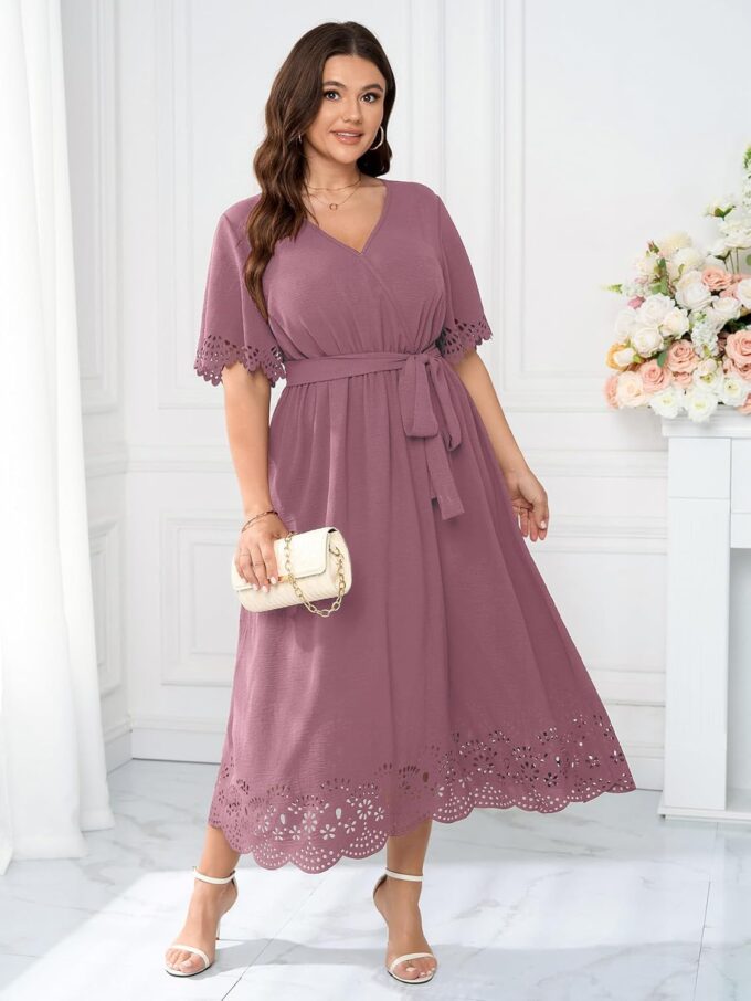 Womens Plus Size Wedding Guest Cocktail Dress Wrap V Neck A-Line Swing Maxi Dresses with Belt – Bild 4