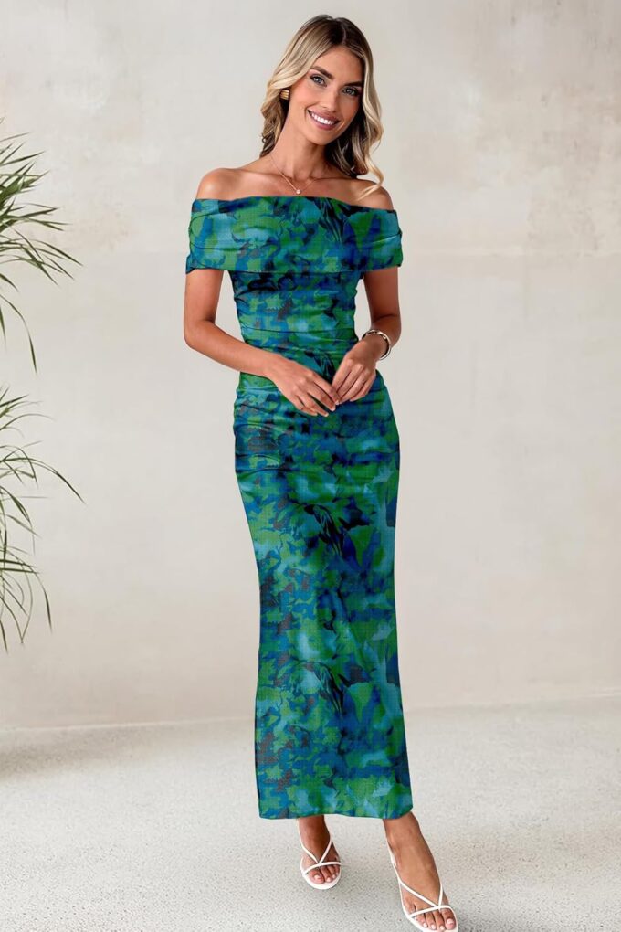 Women's Mesh Floral Maxi Dress 2025 Summer Off The Shoulder Ruched Bodycon Long Cocktail Party Fitted Dresses – Bild 5