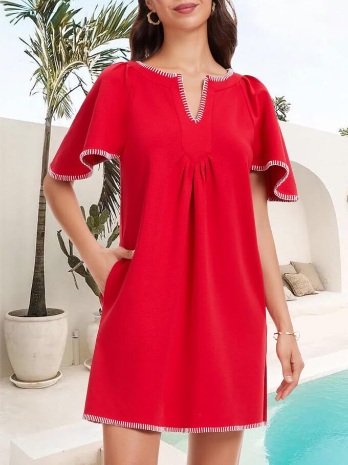 HOULENGS Women's Summer Ruffle Short Sleeve A Line Mini Dress Casual Contrast Trim V Neck Short Dress with Pockets – Bild 3