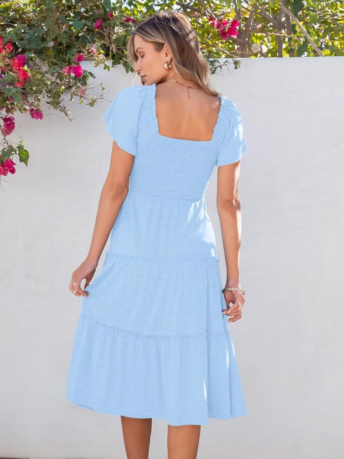 ANRABESS Women Summer Casual Square Neck Flutter Sleeve Boho Smocked A-Line Flowy Tiered Modest Midi Sun Dress with Pockets – Bild 3