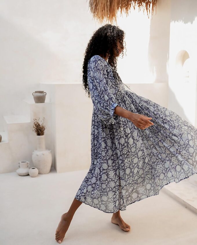 Casual Summer Dresses for Women Swing Floral Half Open Collar Boho Puff Sleeve Loose Midi Beach Dress – Bild 2
