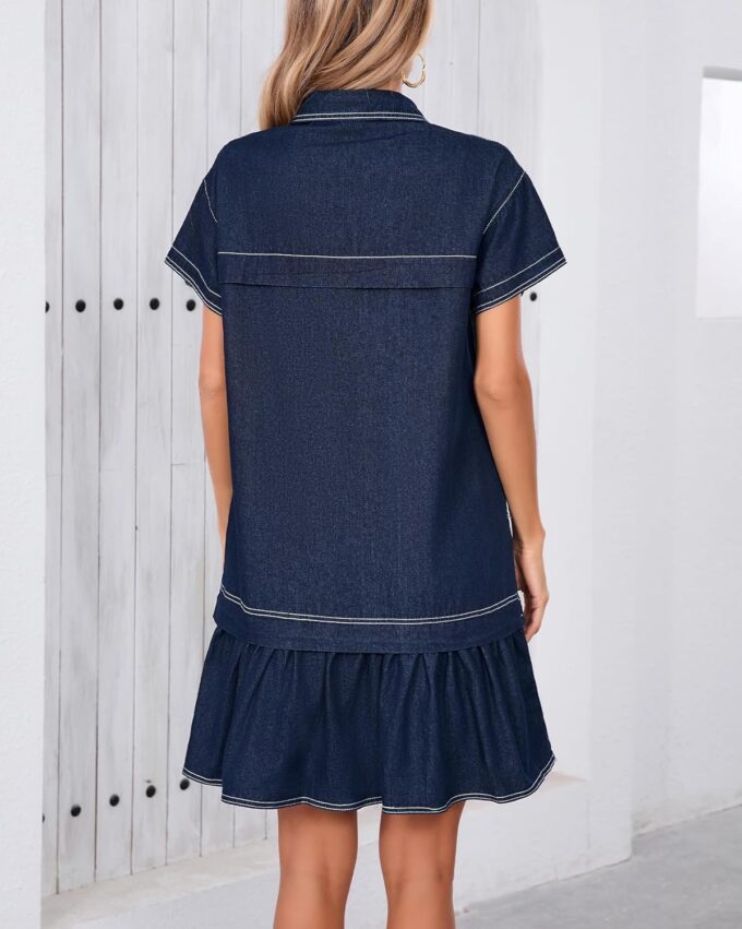 Women's Cotton Drop Waist Ruffle Hem Shirt Dress Short Sleeve Button Down Tunic Dress with Pockets – Bild 6