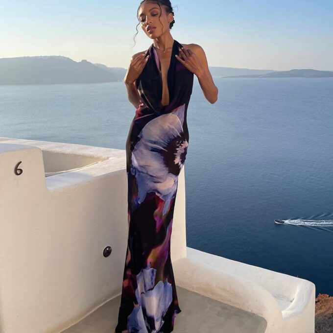 Women's Sexy Purple Print Backless Maxi Dress Elegant Sleeveless Draped Cowl Neck Bodycon Summer Beach Cocktail Party Dress – Bild 3