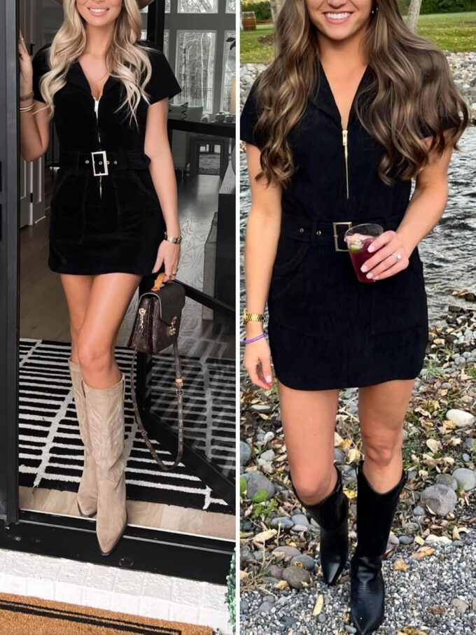 Women's Corduroy Mini Dress Short Sleeve Lapel Zip Up Belted Cowgirl Dresses with Pockets – Bild 5