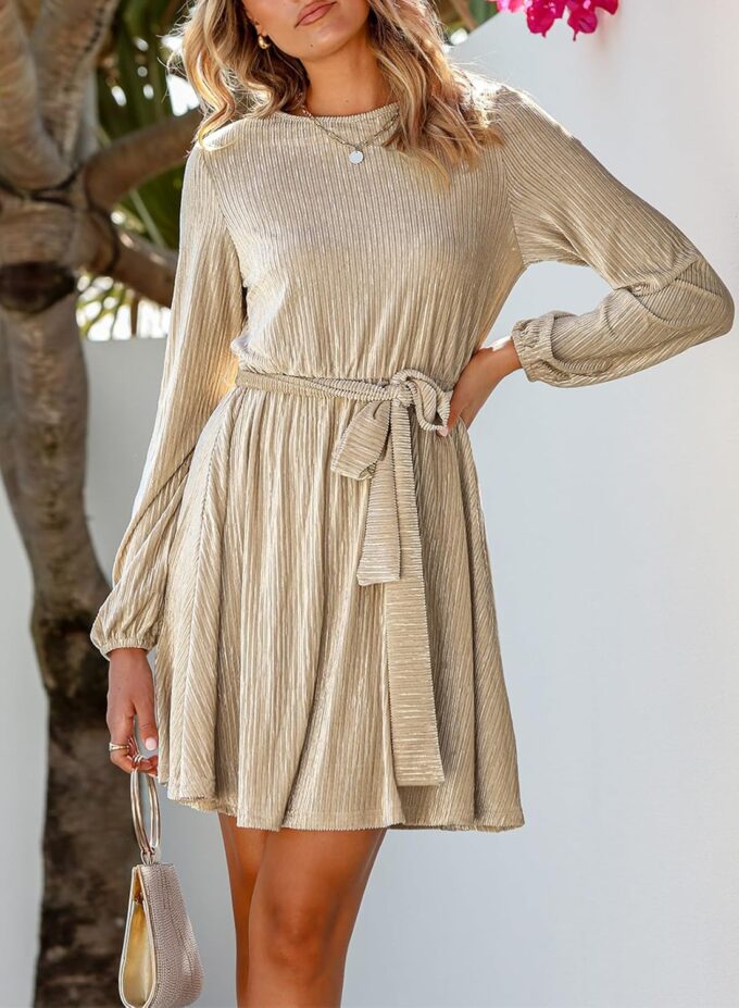 Happy Sailed Women's Velvet Dress Fall Fashion Lantern Sleeve High Waist A-Line Skater Cocktail Party Dresses with Belt – Bild 5