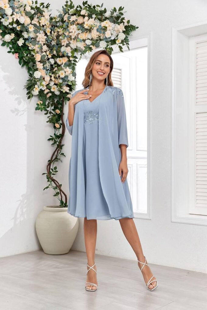 BONOYUER 2 Piece Mother of The Bride Dresses for Wedding with Jacket Lace Applique Formal Wedding Guest Dress – Bild 3