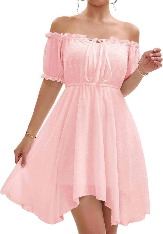 Womens Off Shoulder Ruffle Puff Sleeve Tie Up Irregular Swiss Dot Mini Cottagecore Dress – Bild 4
