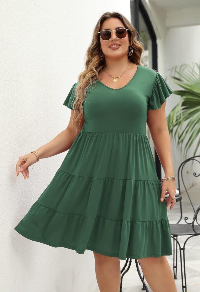 Celkuser Plus Size Casual Summer Dresses Curvy Womens Elastic Waist Tiered A Line Ruffle Hem Dress with Pockets – Bild 3