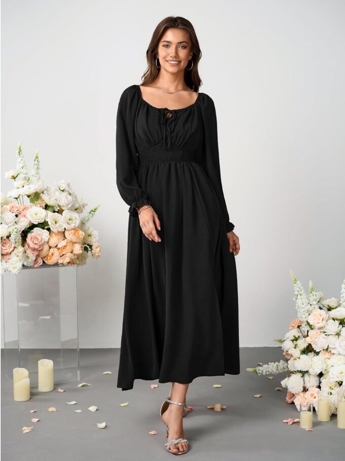 Women's Plus Size Dress Long Sleeve Smocked Dress Square Neck Tie Front Split A-Line Maxi Long Dresses – Bild 4