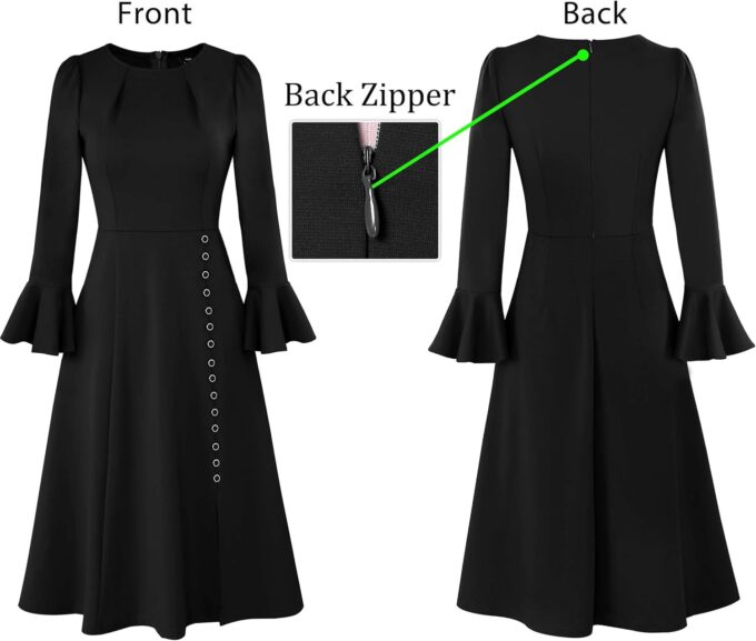 VFSHOW Damen-Kleid, plissiert, Rundhalsausschnitt, Glockenärmel, Taschen, Schlitzknöpfe, Business, Arbeit, Büro, schmale Passform und ausgestelltes A-Linien-Kleid – Bild 5