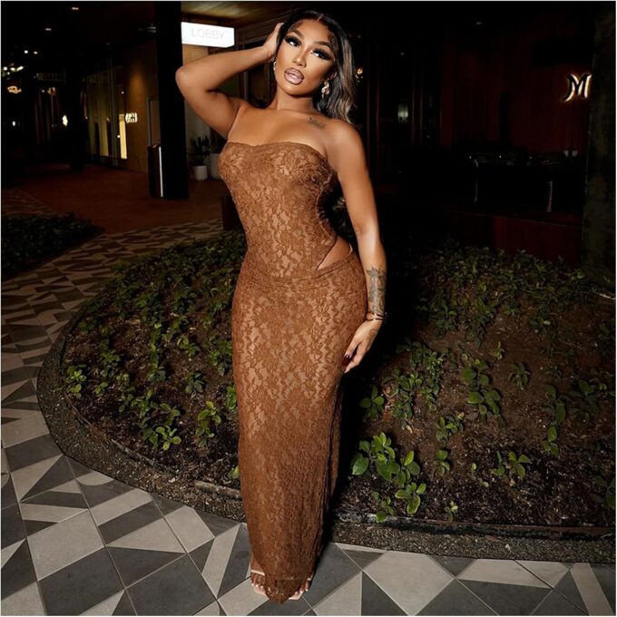 Women Sexy Lace Maxi Dress Two Piece Skirt Set Tube Bodysuit Tops and Maxi Skirts Club Outfits – Bild 2