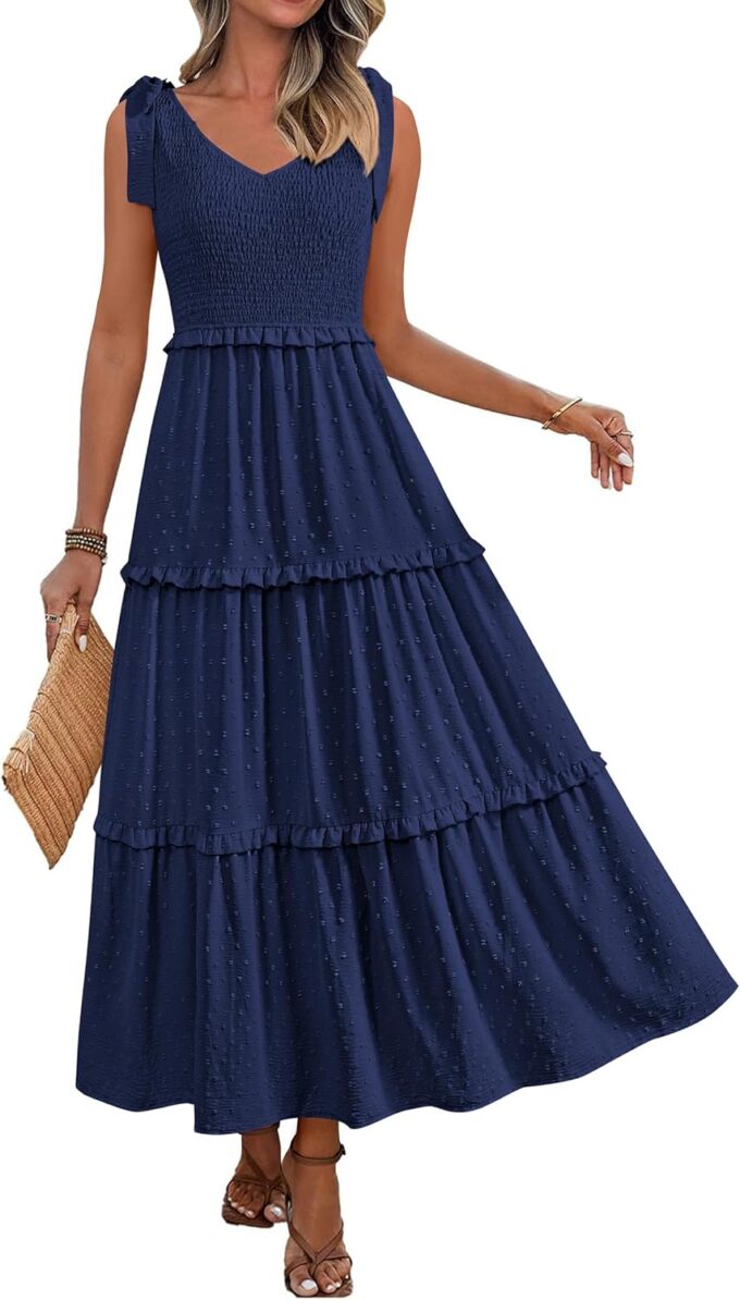 Okiwam Womens Summer Dresses 2025 Sleeveless Tie Strap Maxi Long Flowy Beach Sundresses Boho Swiss Dot Wedding Dress