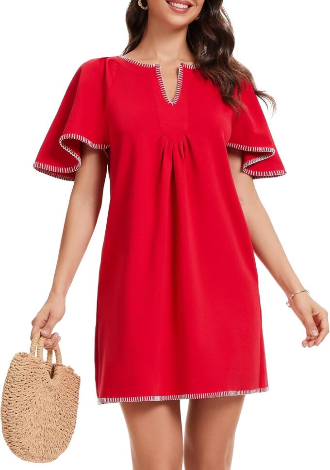 HOULENGS Women's Summer Ruffle Short Sleeve A Line Mini Dress Casual Contrast Trim V Neck Short Dress with Pockets
