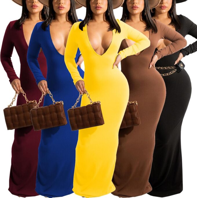 Women's Casual Long Sleeves Bodycon Maxi Dress Plus Size Sexy Deep V Neck Club Night Party Sweater Ribbed Long Dresses – Bild 8