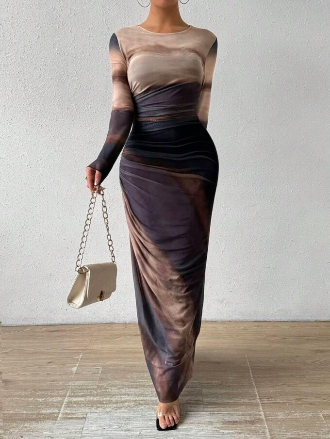 Women's Printed Bodycon Maxi Dress Long Sleeve Tie Dye Mesh Layered Dress – Bild 4