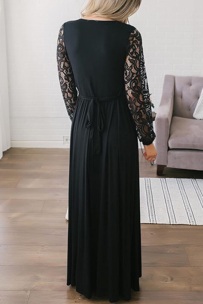 Kranda Womens Vintage Floral Lace Long Sleeve Faux Wrap V Neck Party Long Maxi Dress – Bild 5