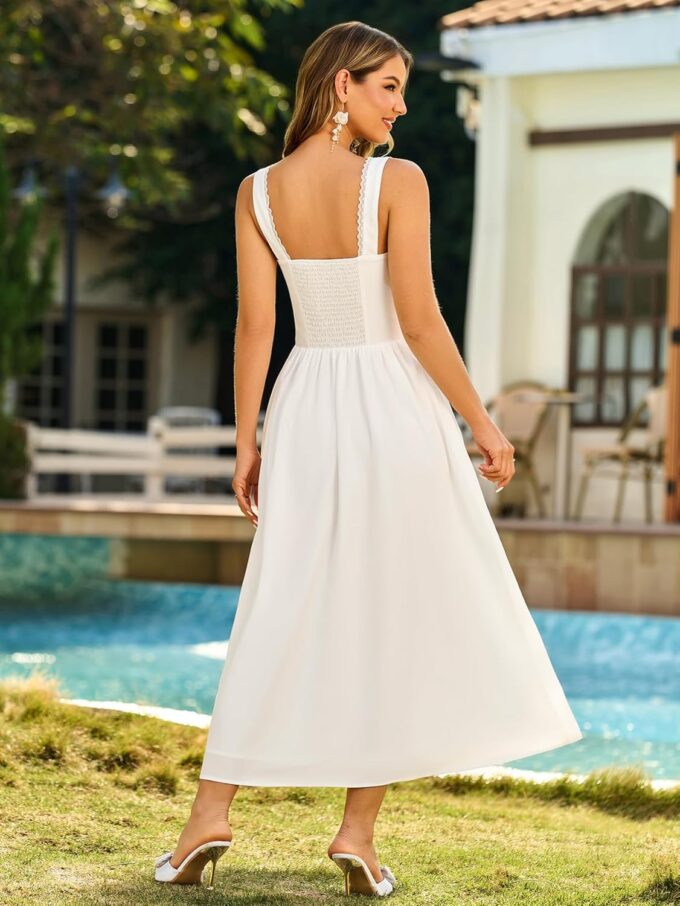 KUTUMAI Lace Square Neck Corset Midi Dress Summer Smocked Flowy A Line Casual Beach Sundress for Women 2025 Vacation – Bild 3