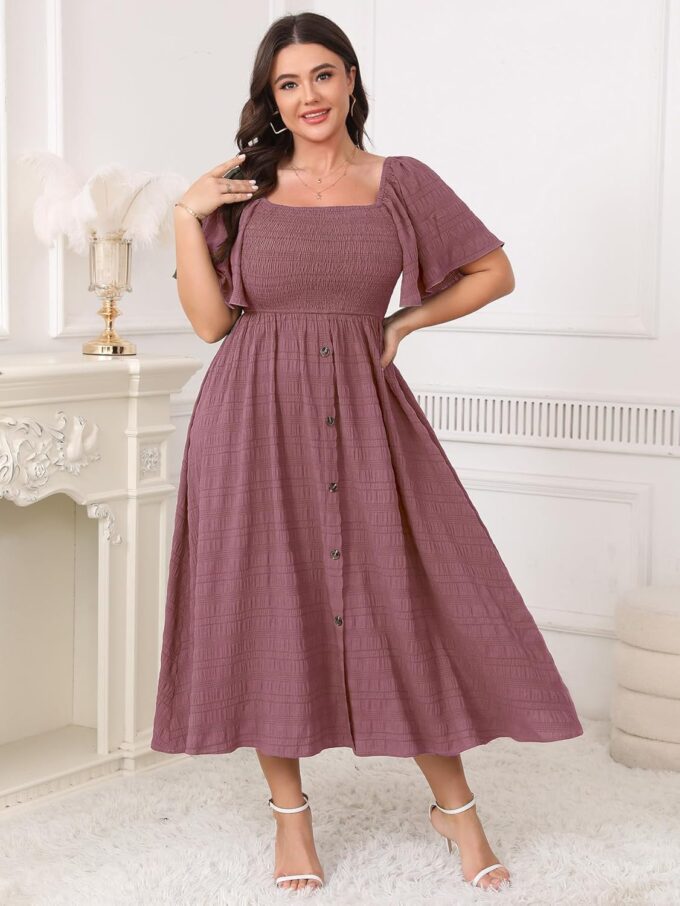 Womens Plus Size Maxi Boho Beach Sundress Short Sleeve Square Neck Smocked Button Down Flowy Casual Summer Dresses – Bild 6