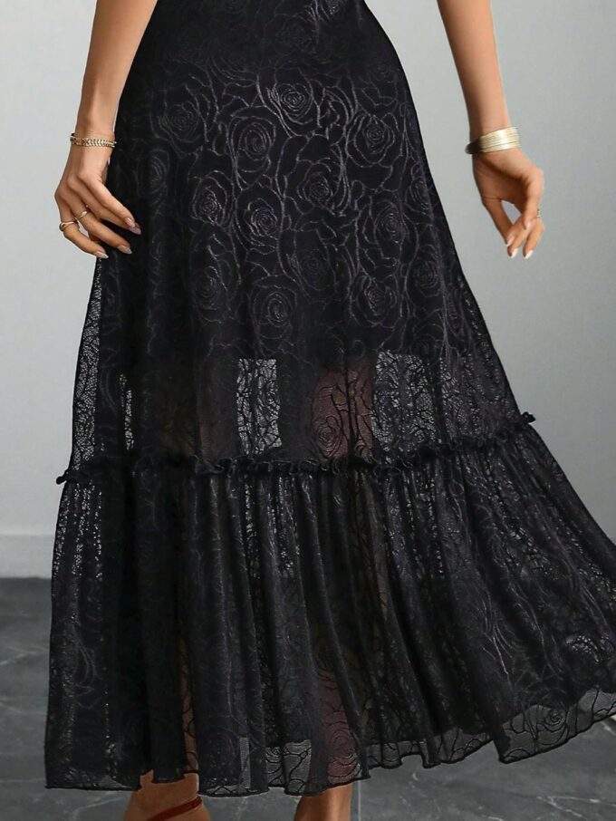 GothDark Womens Elegant Vintage Floral Lace Dress Short Sleeve Double Layer Gothic Midi Wedding Guest Casual Dress – Bild 4