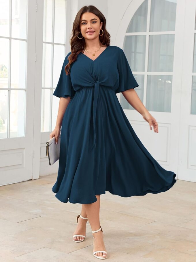 SCOMCHIC Women Plus Size Midi Dresses Wedding Guest Short Sleeve V Neck Tie Waist Casual Summer Flowy A Line Dress – Bild 5