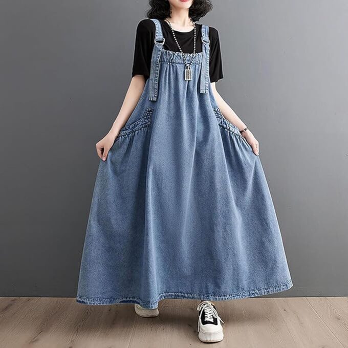 Women's Denim Pullover Casual Loose Sleeveless Adjustable Strap Denim Dress with Pockets and Wide Hem – Bild 2