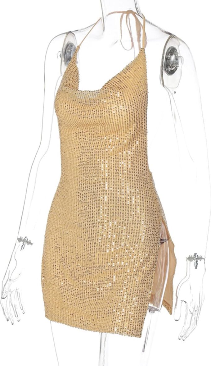 Women's Sequin Halter Bodycon Mini Dress Split Hem Backless Cowl Neck Sexy Short Dress Open Back Cocktail Party Dresses – Bild 5