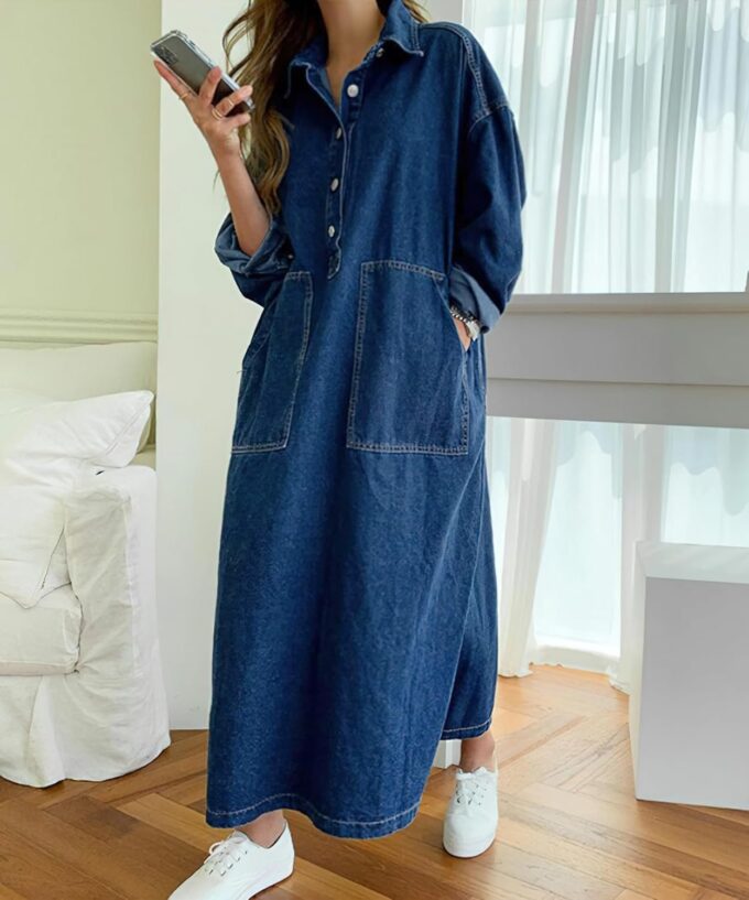 Womens Spring Fall Long Sleeve Denim Maxi Shirt Dress with Split – Bild 2