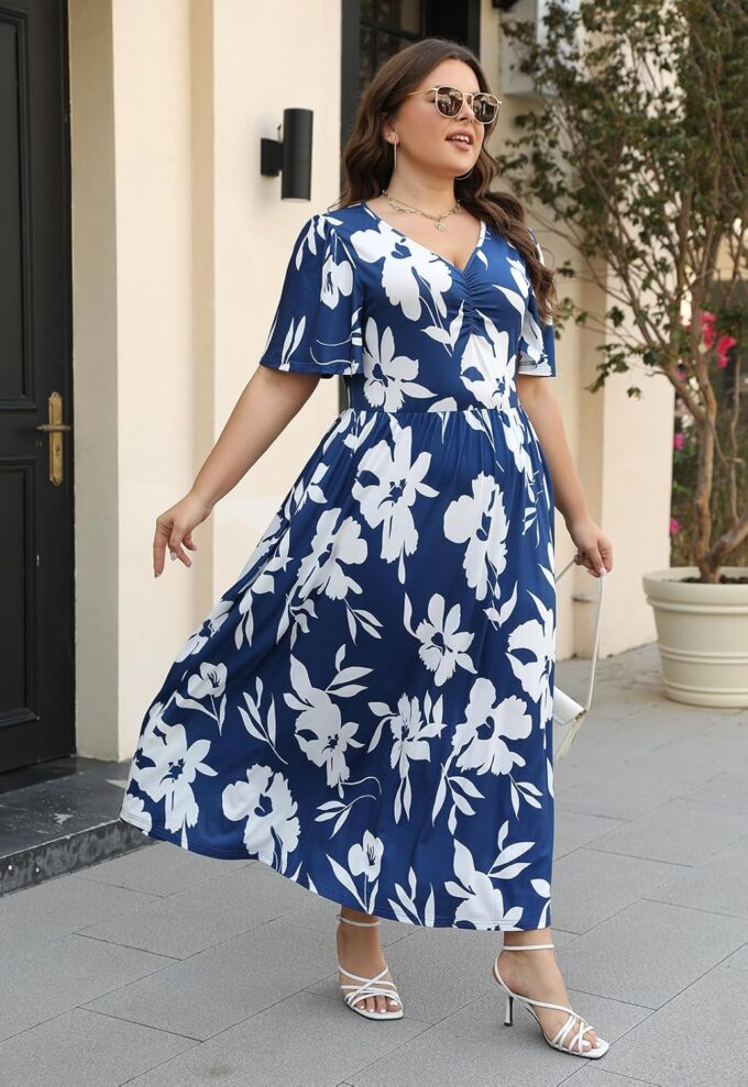 Keluummi Plus Size Wedding Guest Maxi Dresses for Curvy Women, Summer Floral Empire Waist Long Cocktail Dress with 3/4 Sleeve – Bild 5