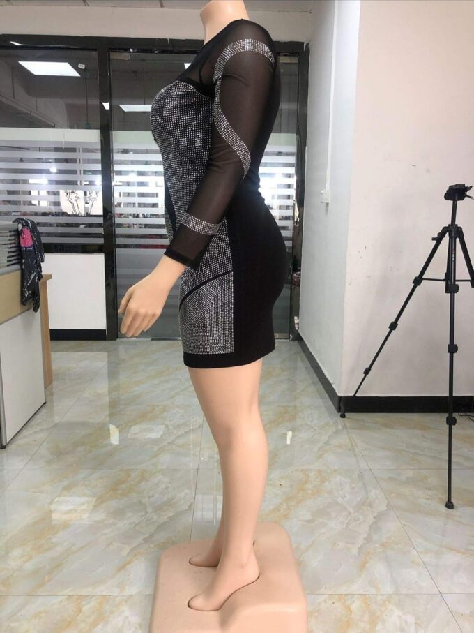 Womens Sexy Plus Size Long Sleeve Rhinestone Mesh See Through Bodycon Party Club Mini Dress Clubwear – Bild 4