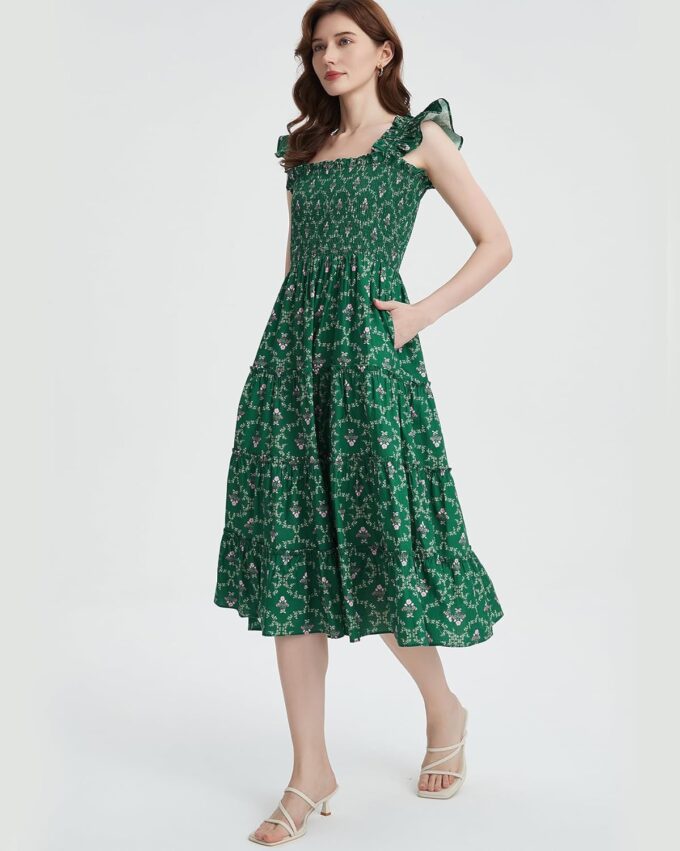 Women's Floral Smocked Midi Dress Square Neck Ruffle Strap Sleeveless Flowy A-Line Long Beach Sundress – Bild 5