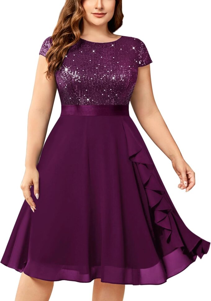 Knitee Women's Plus Size Elegant Sequin Glitter Chiffon Ruffle Style Cocktail Prom Flowy Dress