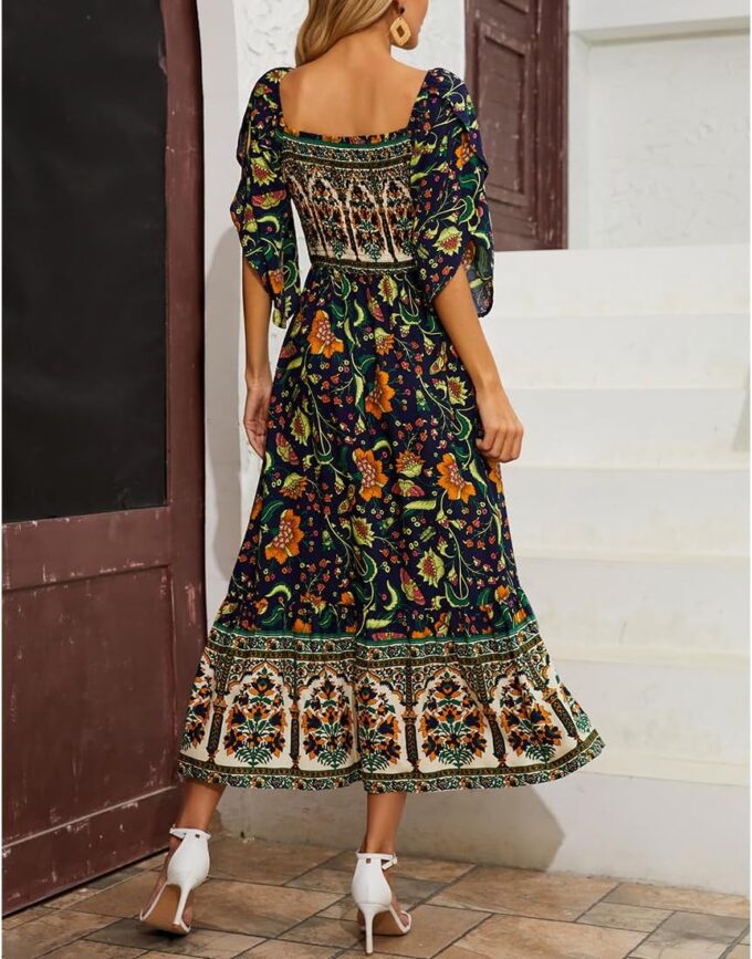 Women's Long Maxi Dress Sexy Off Shoulder Floral Dress Ruffle Short Sleeve Smocked Flowy A Line Boho Dress – Bild 3