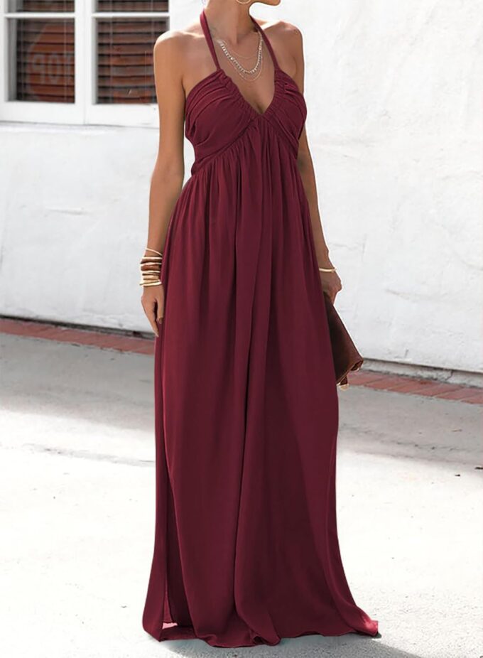 Maxi Chiffon Dresses for Women 2025 Sexy Halter V Neck Backless Smocked High Waisted A Line Beach Vacation Sundress – Bild 3