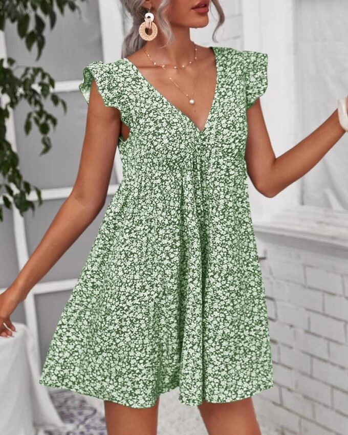 Women Boho Floral Summer Dresses Casual Backless V Neck Mini Dress Ruffle Beach Sundress – Bild 2