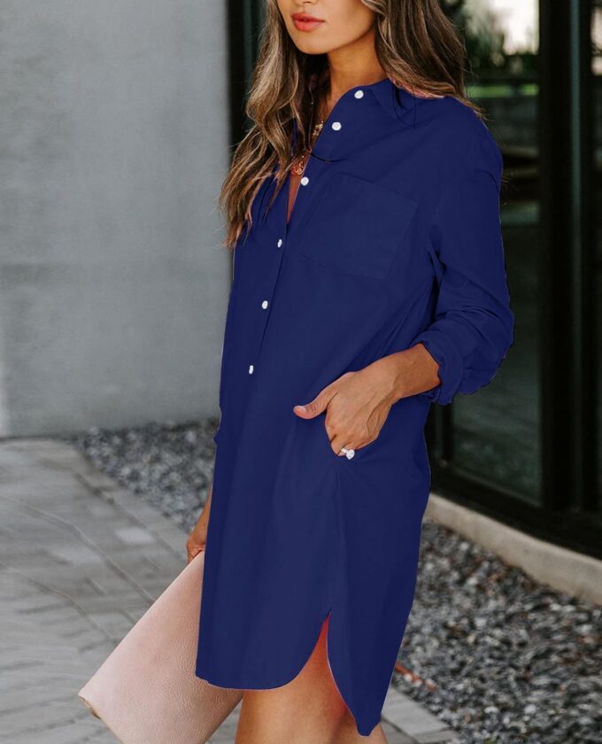Womens Button Down Shirt Dresses with Pockets Cotton Button Up Tunics Long Sleeve Solid High Low Blouse Tops – Bild 3