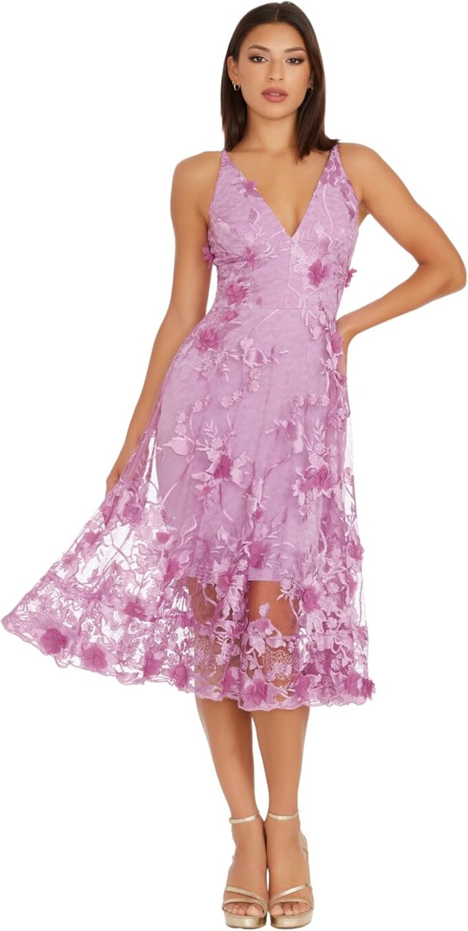 Dress the Population Women's Audrey Spaghetti Strap Midi A-line 3D Floral Dress, Lavender, M – Bild 2