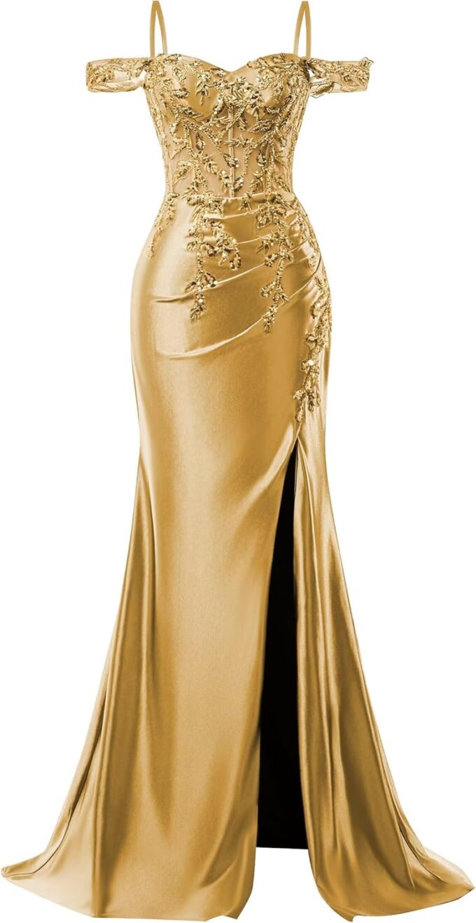Mermaid Satin Prom Dresses 2025 Lace Applique Off Shoulder Formal Evening Gown with Slit