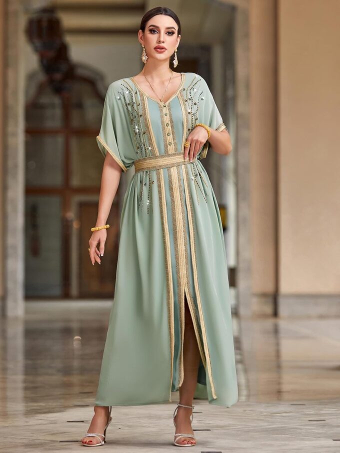 Fancy Maxi Abaya Dress Elegant Mint Green Muslim Dress with Gold Beaded Embellishments, V-Neck, Short Butterfly Sleeves – Bild 8