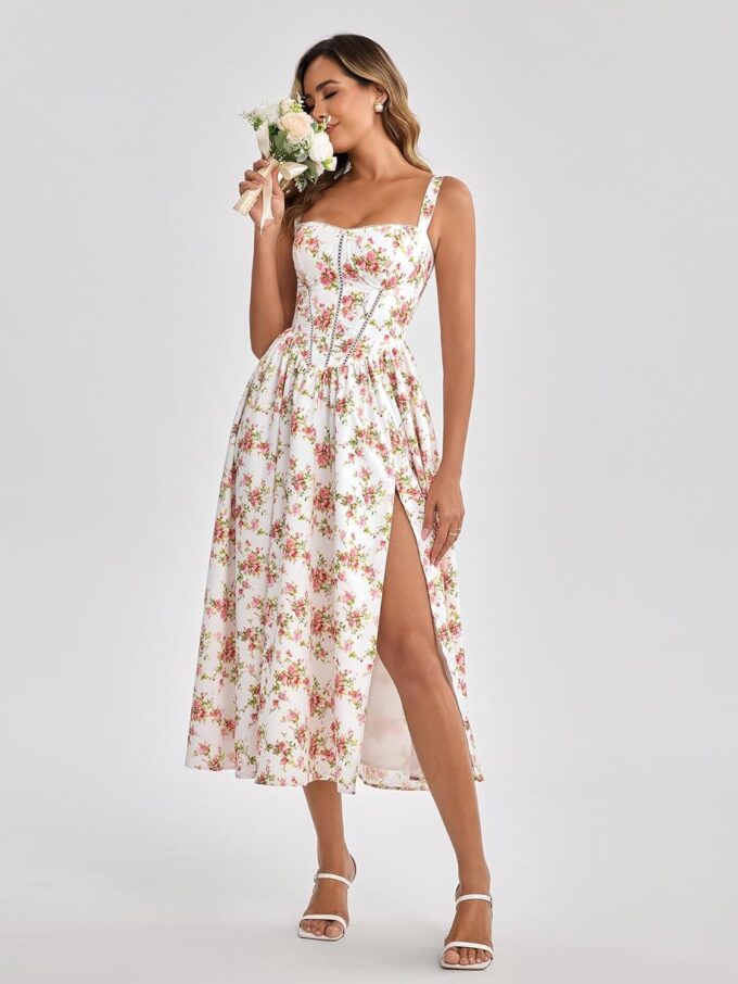KUTUMAI Floral Corset Midi Dress Flowy Slit Summer Spring Wedding Guest Dresses for Women Sundress with Pockets – Bild 3