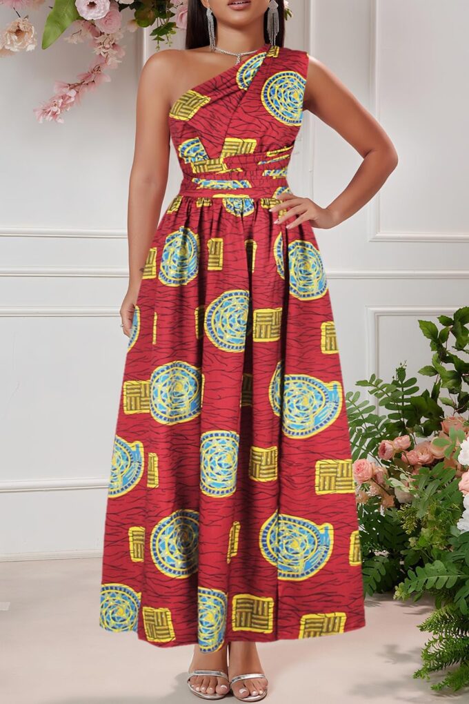 Giovacker Women's African Print Deep V-Neck High Waist Bohemian Maxi Long Dress – Bild 5