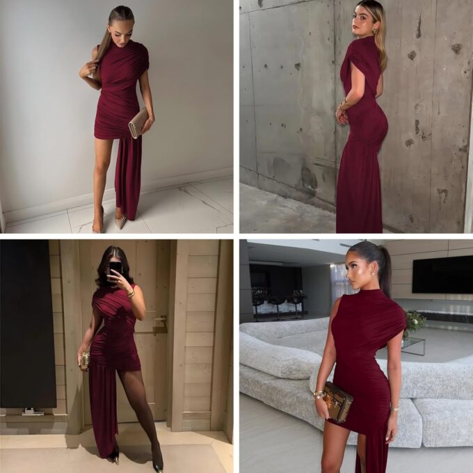 JUMISEE Women’s Elegant Irregular Ruched Mini Dress Flowy Ribbon Bodycon Cocktail Dress Sexy Pleated Formal Dresses – Bild 7