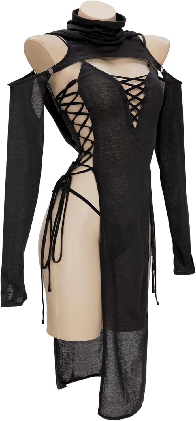 MEOWCOS Women's Bodycon Dress Gothic Ninja Style Lace up Slit Dress and Hooded Top Black – Bild 2