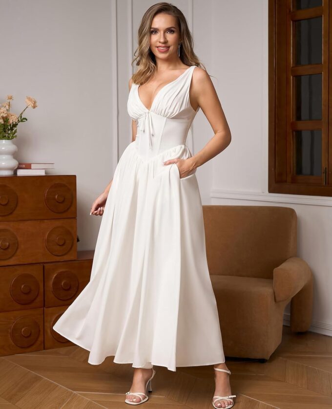 GLNEGE Women's Summer Corset Midi Milkmaid Dress Casual V Neck Flowy A Line Sundress Wedding Guest Dresses with Pockets 2025 – Bild 4