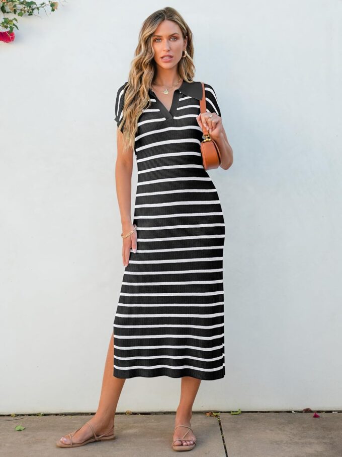 ANRABESS Women's Summer Striped Midi Dress 2025 Casual Short Sleeve V Neck Loose Knitted Side Slit Long Beach Dresses – Bild 8
