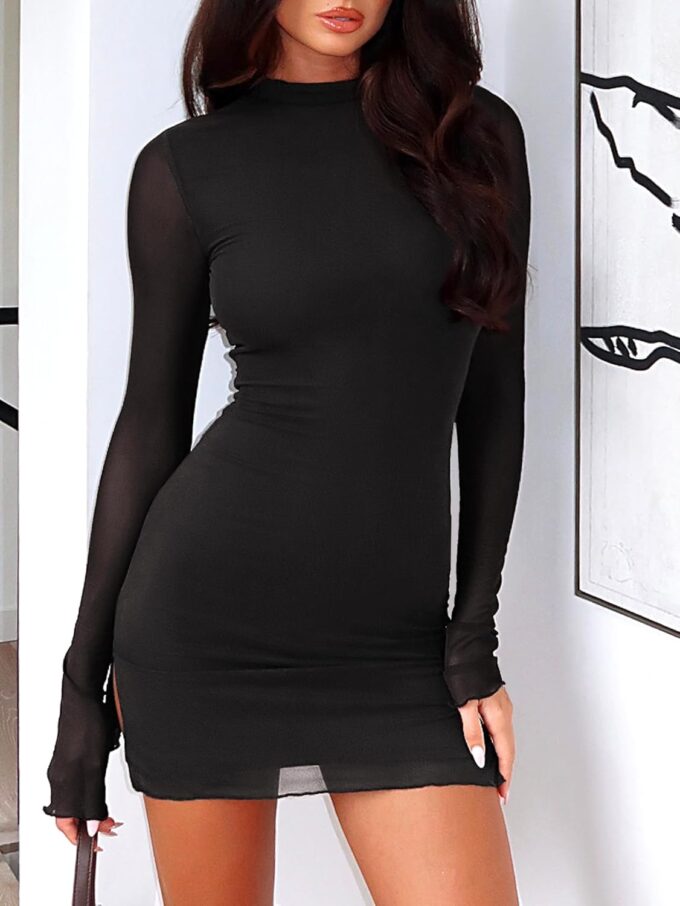 Women Long Sleeve Bodycon Mini Dress Mock Neck Sheer Mesh Slit Going Out Dress Fall Rave Club Cocktail Party Dresses – Bild 5